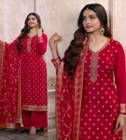 Red Georgette Embroidery Double Zari Dola Top with Meena Work Dupatta (RSD2)