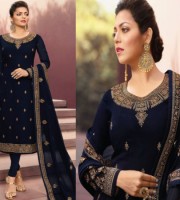 Navy-Blue Georgette Heavy Embroidered Work Style Churidar Suit (DNU06)