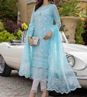 Light Blue Net Dress Embroidery High Quality Unstitched Salwar Kameez (HRB10)