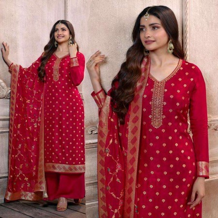 Red Georgette Embroidery Double Zari Dola Top with Meena Work Dupatta (RSD2)