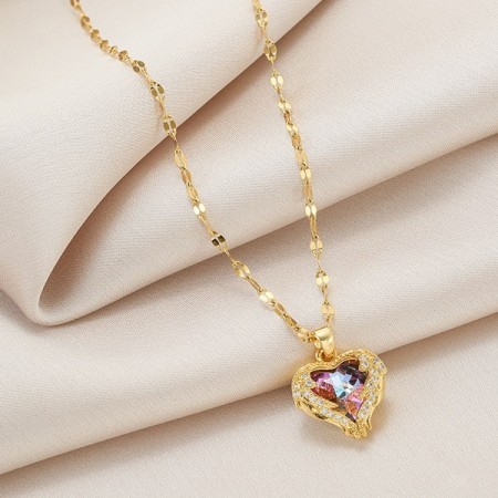 GOLD Plated Fashion Luxury Ocean Heart Crystal Pendant Titanium Women's Necklace With Gift Box
