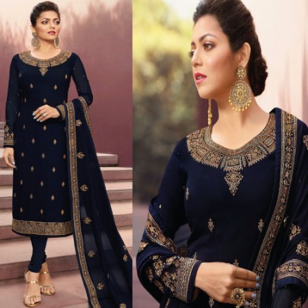 Navy-Blue Georgette Heavy Embroidered Work Style Churidar Suit (DNU06)