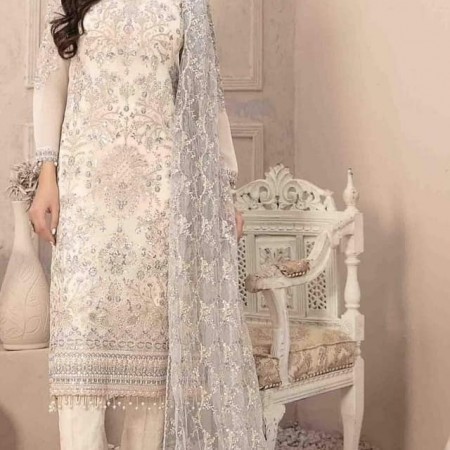 Tawakkal White Georgette Indian Salwar Suit Unstitched 4 Piece ( HRB13)