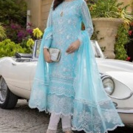Light Blue Net Dress Embroidery High Quality Unstitched Salwar Kameez (HRB10)